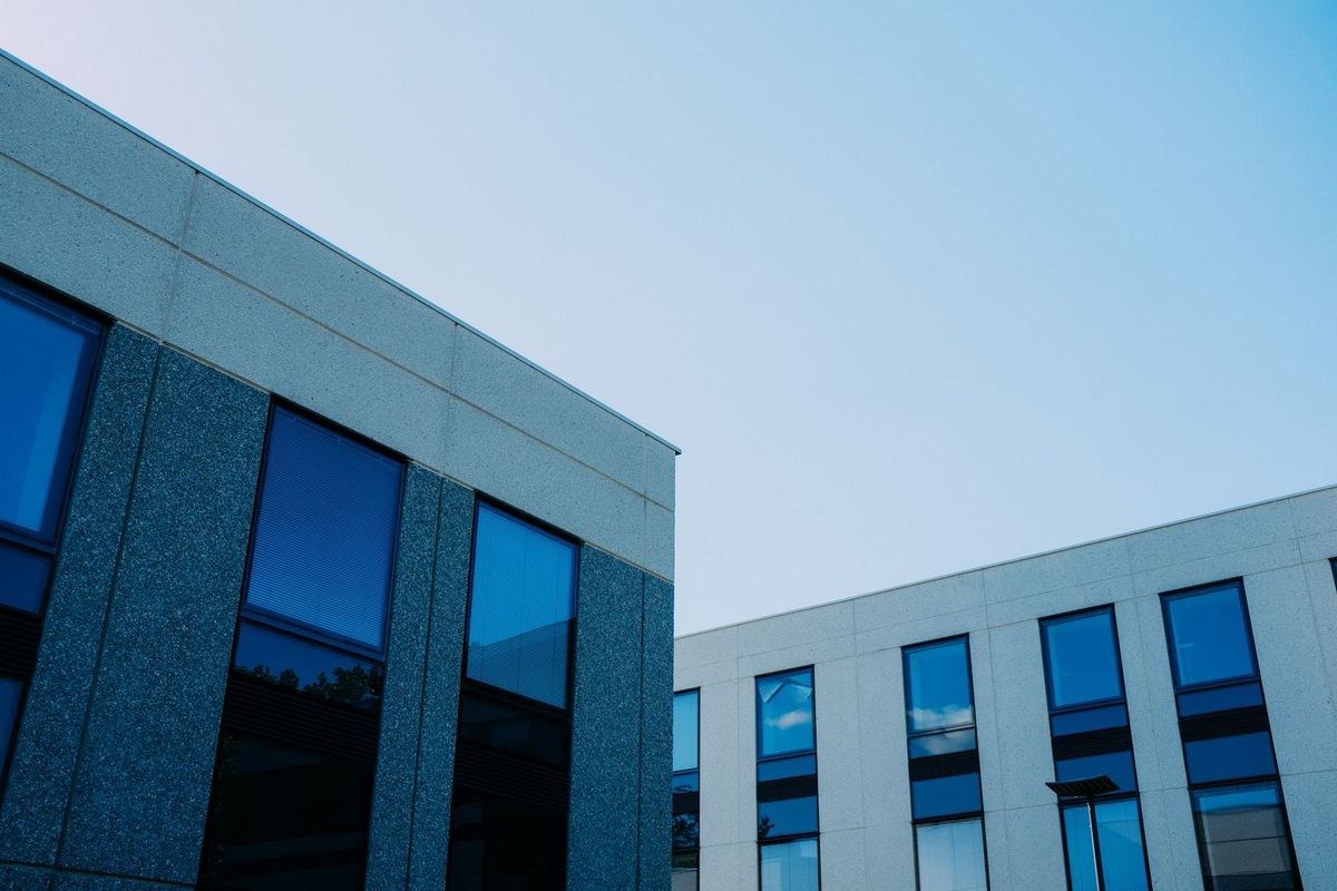 Commercial buildings against a clear sky
